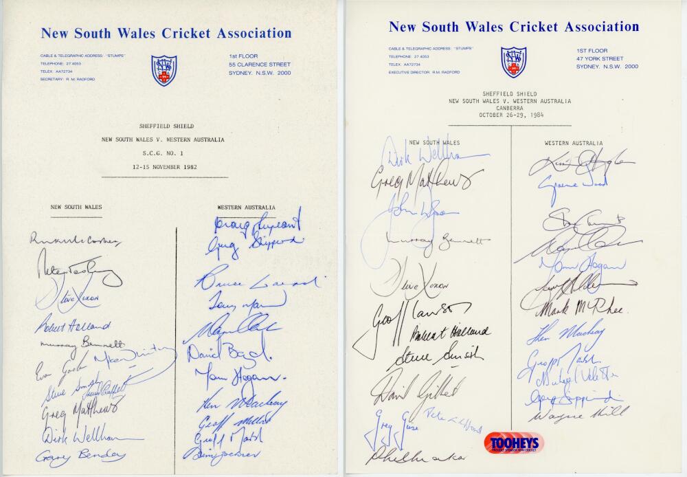 New South Wales 1982-1986. Three official autograph sheets, New South Wales v Western Australia