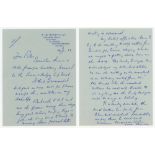 Charles John Barnett. Gloucestershire & England 1927-1948. Two page handwritten letter dated 16th