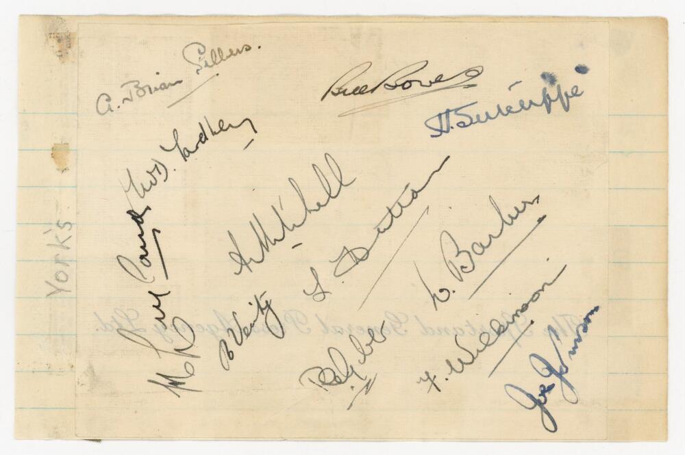 Yorkshire C.C.C. c.1938. Album page laid down to slightly larger ruled page, signed in ink by twelve