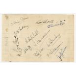 Yorkshire C.C.C. c.1938. Album page laid down to slightly larger ruled page, signed in ink by twelve