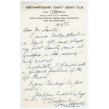 Dennis Brookes. Northamptonshire & England 1934-1959. Single pages handwritten letter in ink on