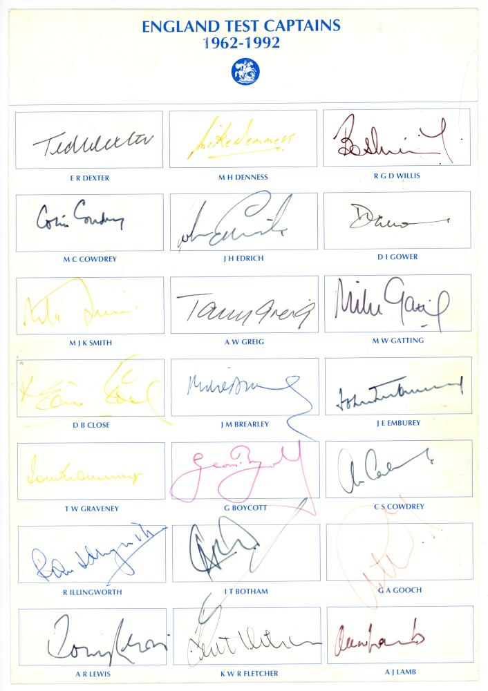 'England Test Captains 1962-1992'. Card with printed title and named signature boxes, fully signed