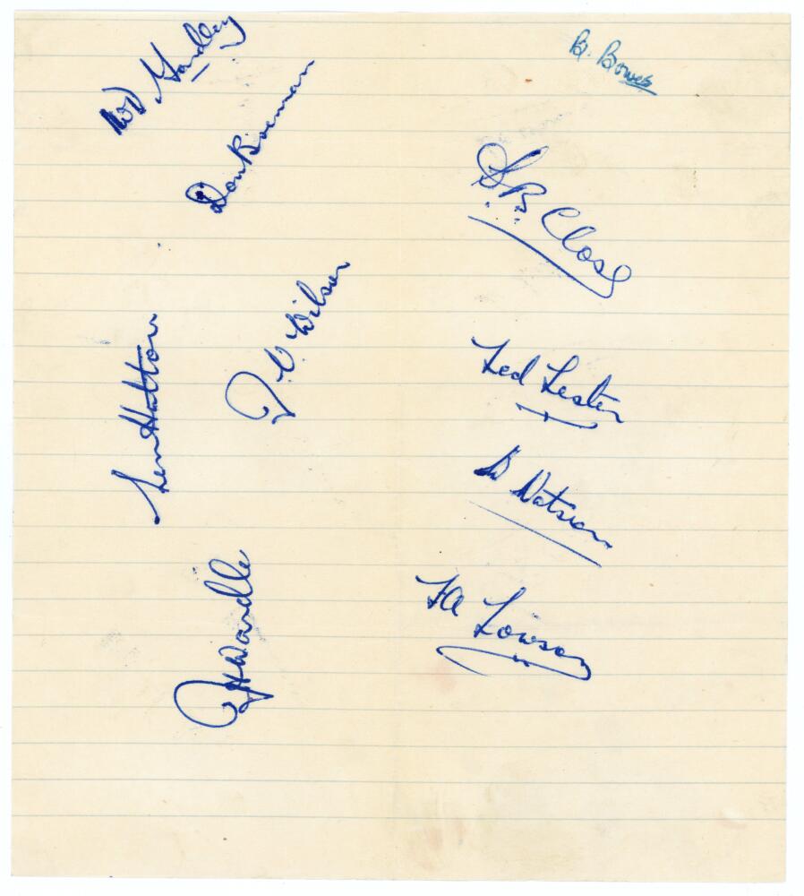 Yorkshire C.C.C. 1948. Ruled page signed in blue ink by ten members of the Yorkshire team.