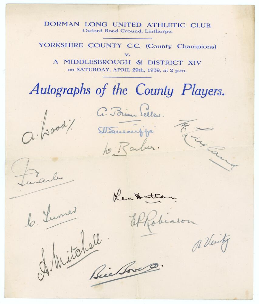 Yorkshire C.C.C. 1939. Sheet of headed paper for the Yorkshire C.C.C. v Middlesborough & District