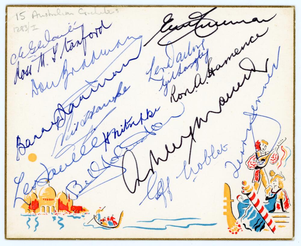 Australia cricketers 1930s-1980s. Decorative card signed in ink by fifteen Australian cricketers.