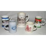 Cricket tankards and mugs. Selection of five including Franklin porcelain ceramic tankard