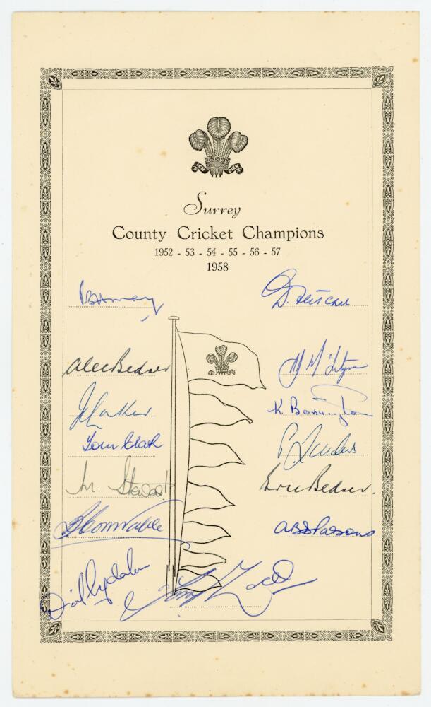 Surrey 'County Cricket Champions 1952-1958'. Official autograph sheet signed by fourteen members
