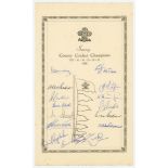 Surrey 'County Cricket Champions 1952-1958'. Official autograph sheet signed by fourteen members