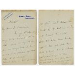 Lord Martin Bladen Hawke, Yorkshire & England 1881-1911. A two page handwritten letter in ink from