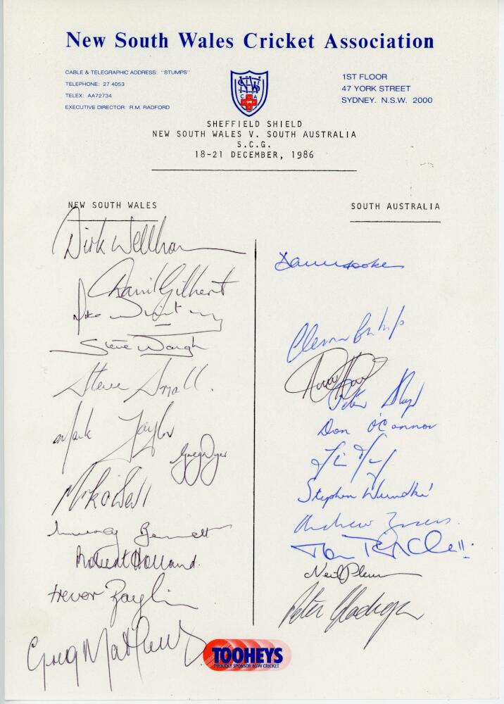 New South Wales 1982-1986. Three official autograph sheets, New South Wales v Western Australia - Image 2 of 2