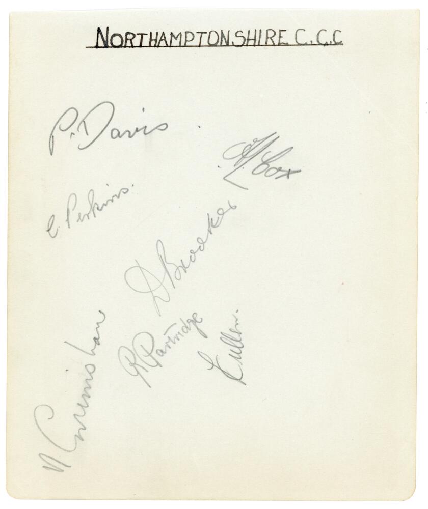 Northamptonshire C.C.C. c.1935. Album page signed in pencil by seven Northamptonshire players.