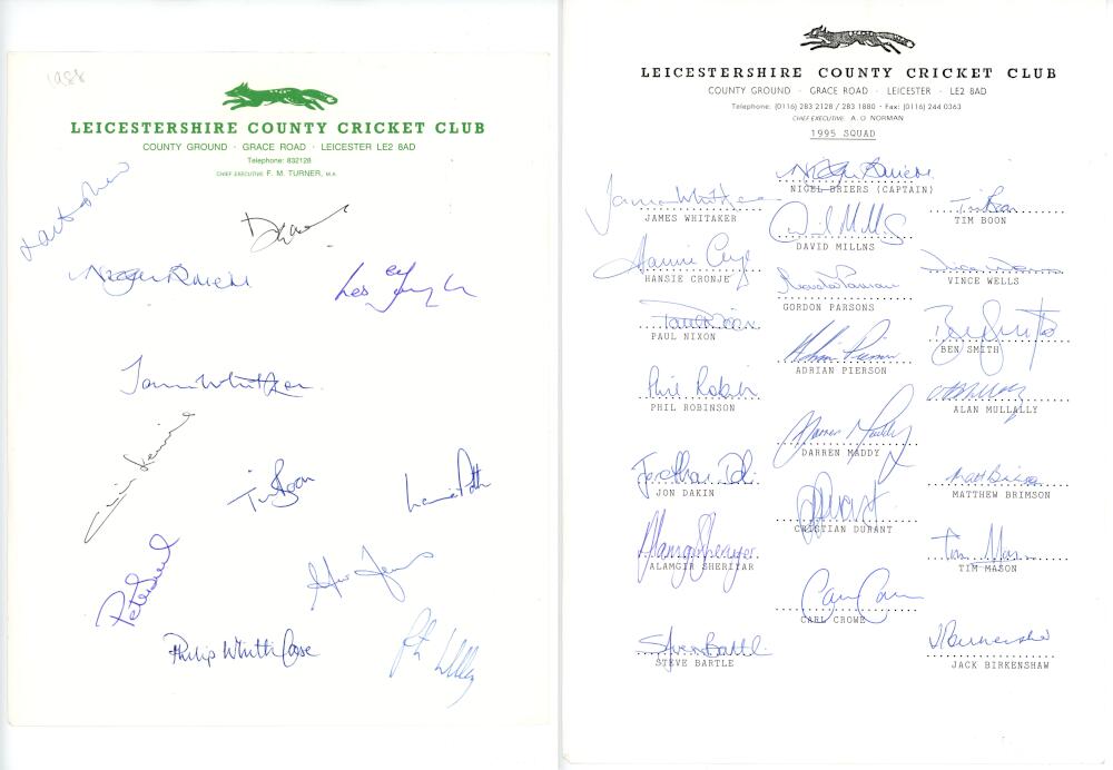 Leicestershire C.C.C. autograph sheets 1988-2005. Seven official autograph sheets for Leicestershire