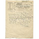 Sydney Santall. Warwickshire & London County 1894-1914. Single page handwritten letter in ink on '