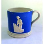 Staffordshire blue cricket mug. Staffordshire ground straight sided mug, in blue with white base,