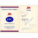 Centenary Cricket Dinner' 1977. Official menu for the dinner given by Fitzroy Football Club at the