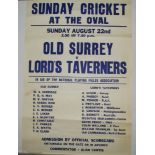 Cricket posters. Two large posters, one for the Old Surrey v Lord's Taverners' 1965. Original poster