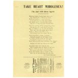 'Take Heart Middlesex! The Sun Will Shine Again.' 1902. Single page rhyme sheet comprising a poem in