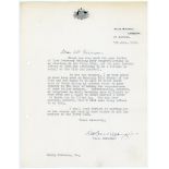 Robert Gordon Menzies. Prime Minister of Australia 1939-1941 and 1949-1966. Single page typed letter