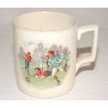 Victorian football mug. Colour scene of a match in progress to one side and roses to the reverse, on