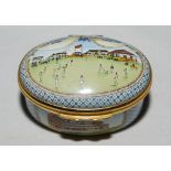 'Bicentenary of the M.C.C.'. Halcyon Days oval enamelled pill box. The lid with a cricket match at