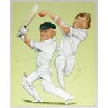 Graeme Pollock and Mike Procter. South Africa. Colour print of caricatures of Pollock and Procter by