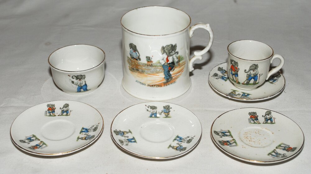 'Jumbo' nursery ware. Selection of a cup and saucer, a tankard, a small bowl and three further