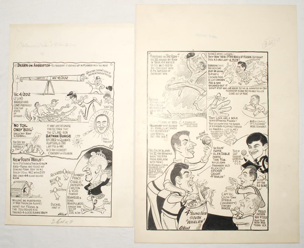 Victoria in the Sheffield Shield 1950s & 1960s. Two original pen and ink caricature/ cartoon