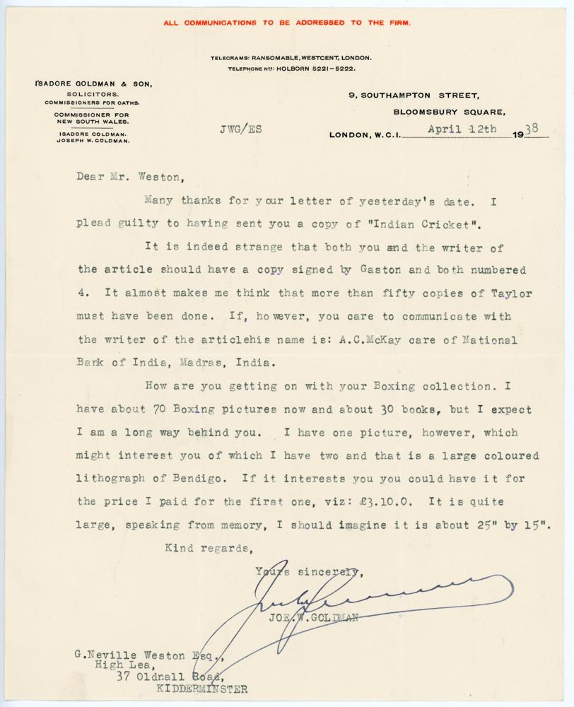 J.W. Goldman, cricket author and collector. Single page typed letter written to George Neville