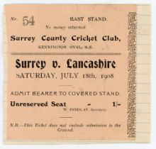 Surrey v Lancashire 1908. Official match ticket for the third day’s play of the match scheduled to