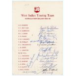 West Indies tour to Australia and New Zealand 1968/69. Rare official autograph card with printed