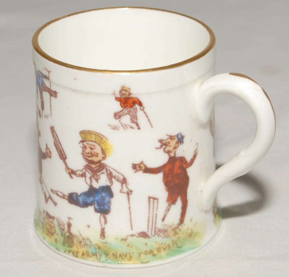 ‘The Army and Navy Forever’ c.1890. Small Victorian Staffordshire ceramic mug printed in colour with - Image 2 of 5