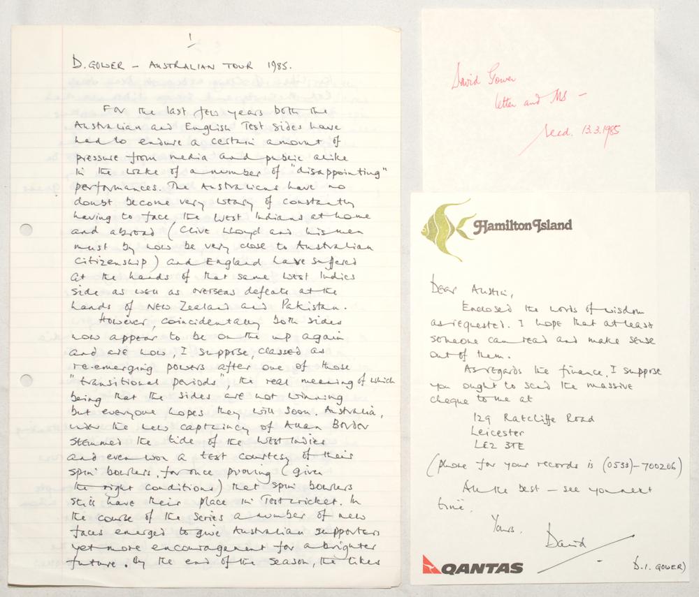 David Gower. ‘D. Gower- Australian Tour 1985’. Five page handwritten manuscript written by Gower for