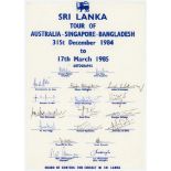 Sri Lanka tour to Australia, Singapore & Bangladesh 1984/85. Official autograph sheet with printed