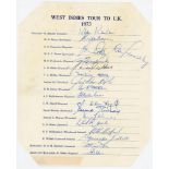 West Indies tour to England 1973. Official autograph sheet with printed title and players’ names.