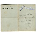 Lord Hawke. Yorkshire & England, 1881-1911. Short hand written note in ink on Wighill Park headed