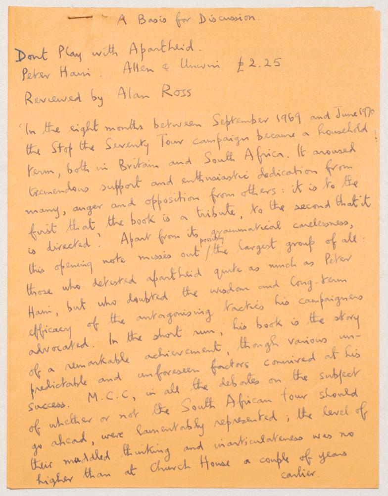 Alan Ross, cricket writer, poet and publisher. ‘A Basis for Discussion’. Three page handwritten