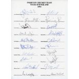 Pakistan tour to England 1992. Official autograph sheet with printed title and players’ names, fully