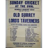 Cricket posters. Two large posters, one for the Old Surrey v Lord’s Taverners’ 1965. Original poster