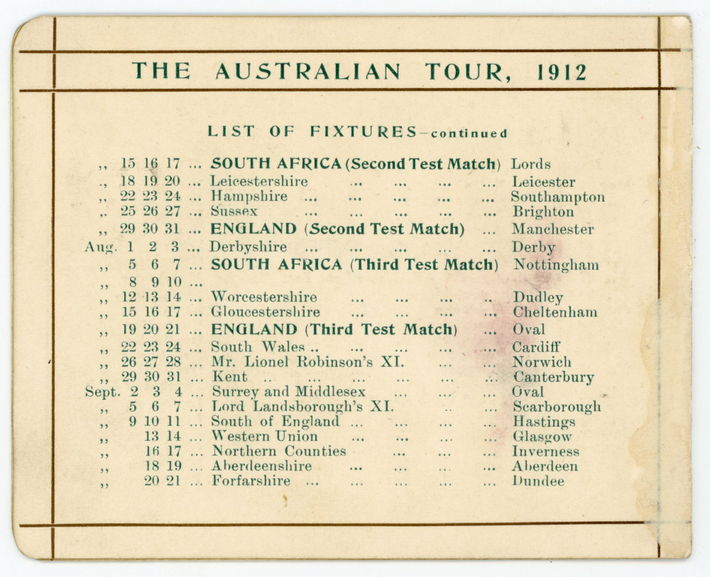 Australian tour of England 1912. Official folding itinerary card for the triangular tour with - Image 3 of 3