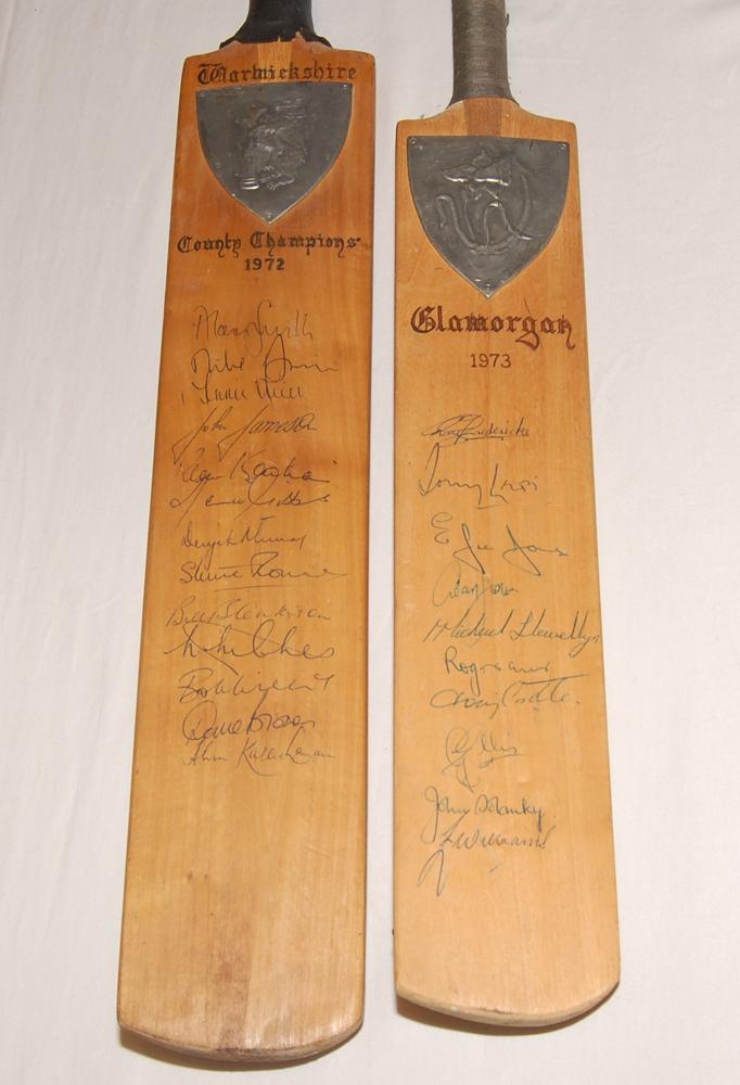 Warwickshire County Champions 1972. Large miniature bat with hand printed title and pewter shield