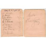 Derby County 1935-1936. Two album pages signed in pencil by thirteen members of the playing staff