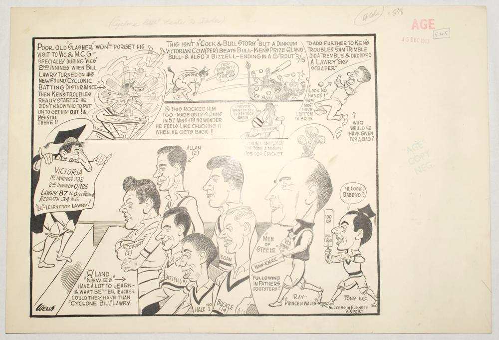 Victoria in the Sheffield Shield 1963/64 & 1964/65. Two original pen and ink caricature/ cartoon