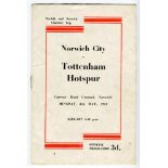 Norwich City v Tottenham Hotspur. Season 1949-1950. Official programme for the Norfolk & Norwich