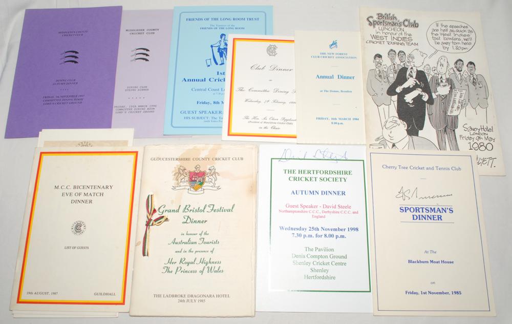 Cricket menus, programme, benefit and tour brochures 1935-1998. A selection of menus for dinners