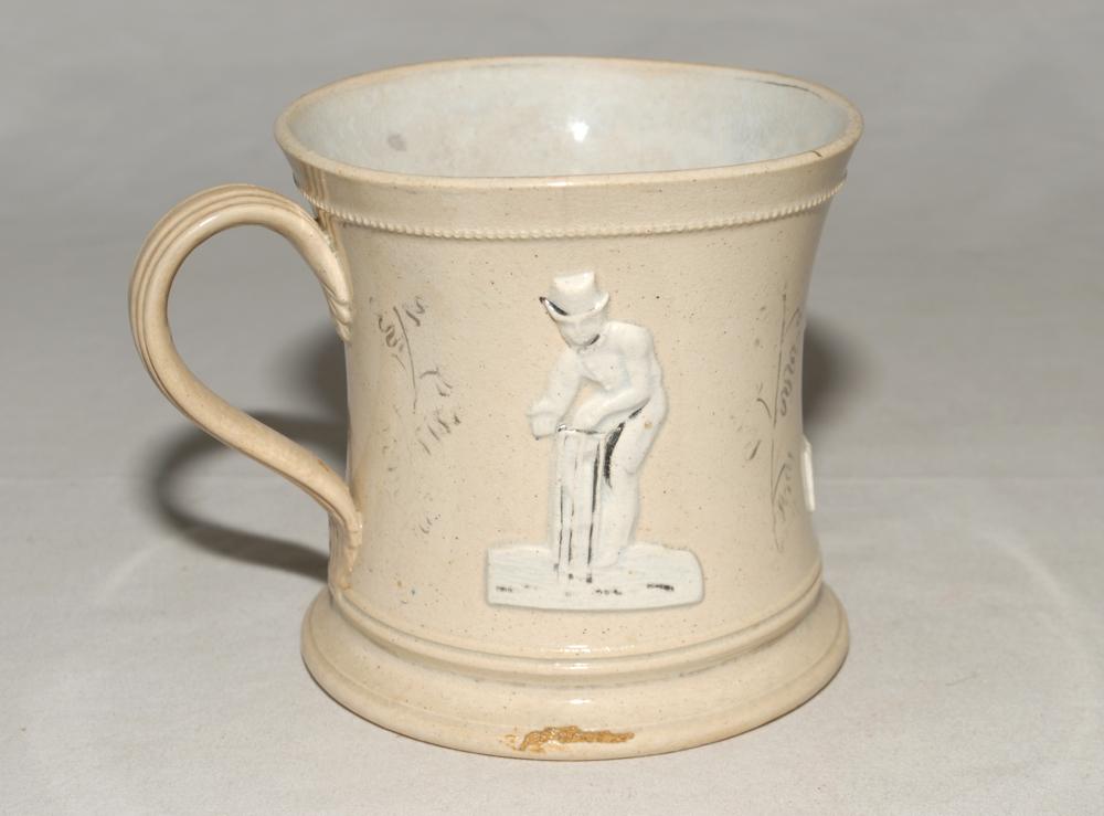 Staffordshire 4” waisted cricket mug with strap handle and beaded rim, with cream background and - Image 3 of 3