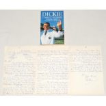 Harold Denis ‘Dickie’ Bird. Yorkshire & Leicestershire 1956-1964. Three page handwritten letter from