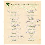 Pakistan tour to India 1961. Rare official autograph sheet with printed title and players’ names,