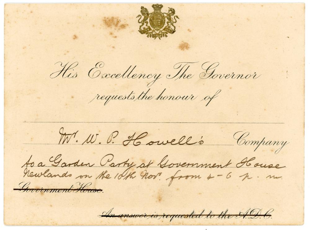 Australian tour of England 1926. Official invitation to W.P. Howell to attend a ‘Garden Party at