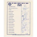 Sri Lanka tour to India 1986/87. Official autograph sheet with printed title and players’ names,