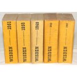 Wisden Cricketers’ Almanack 1947 to 1951. Original cloth covers. Some slight bowing to some